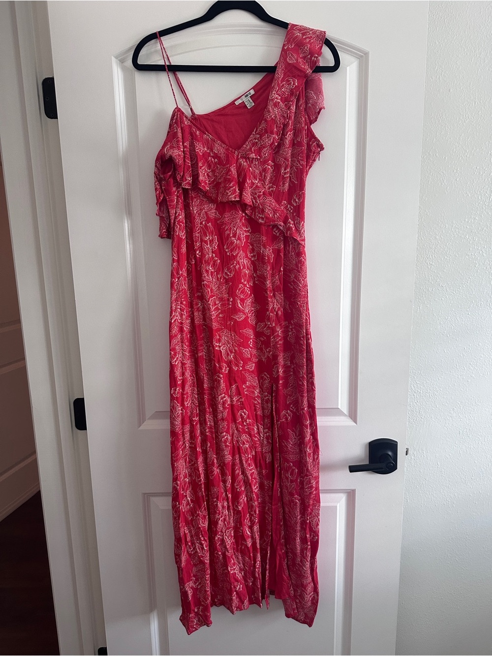 One-Shoulder Ruffle Maxi Dress in Bright Pink Floral